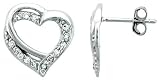 Sterling Silver Jeweled Heart Post Earrings, w/ Cubic Zirconia stones, 9/16 (15mm)