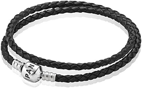 Qinger Pandora Double Black Leather Bracelet 590705CBK-D-41, 16.2 Inch