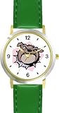 Bulldog with Spike Collar Cartoon Dog - WATCHBUDDY&Acirc;&reg; DELUXE TWO-TONE THEME WATCH - Arabic Numbers - Green Leather Strap-Size-Large ( Men's Size or Jumbo Women's Size )