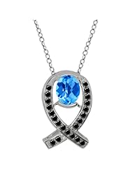 1.74 Ct Oval Checkerboard Blue Topaz Black Diamond Sterling Silver Pendant
