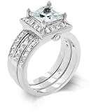 White Gold Rhodium Bonded Bridal Set Rings with a Prong Set 1.75ct Princess Cut Clear CZ Framed with a Bezel Set Round Cut Clear CZ in Silvertone