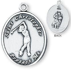 Sterling Silver Saint Christopher Ladies-Girls Golf Medal and 18-inch Chain