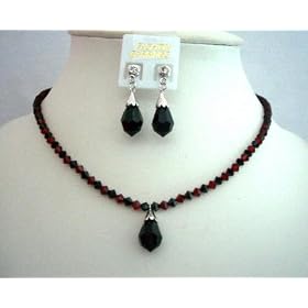 Fashion Jewelry Handcrafted Custom Genuine Crystal Jet & Siam Red Crystal Necklace (BRAND NEW)