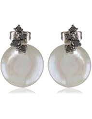 10K White Gold 11 - 11.5mm Freshwater Cultured Pearl and (0.25 cttw, I2-I3 Clarity) Black Diamond Earrings