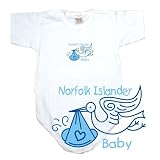 BABY BODYSUIT WHITE " LIGHT BLUE STORK NORFOLK ISLANDER " NORFOLK ISLAND