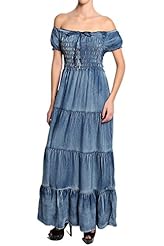 A-line Cotton/Denim Shirred Tiered  Off the Shoulder Short Sleeves Maxi Dress  With Ruffles