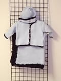 Ck601bk, , Knitted on Hand Knitting Machine Blue Cotton Hand Crochet Finish with Dark Brown Chenille Boys Cardigan Hat Set with Antique Brass Teddy Bear Buttons and Matching Blanket