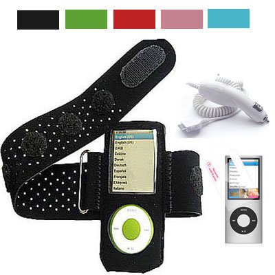 Workout Exercise Armband for Apple Ipod Nano 5th Generation + Screen Protector + Ipod Nano Car Charger (Many Colors Available) (Black)