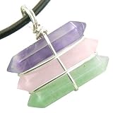 Life Power Silver Triple Lucky Amulet Crystal Point Wands Amethyst, Rose Quartz, Aventurine Pendant Necklace