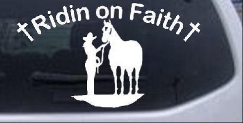 White 40in X 23.3in -- Ridin on Faith Cowgirl and Horse Christian Car Window Wall Laptop Decal Sticker On Sale