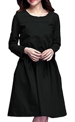 Knee Length Scoop Neck Long Sleeves Cotton/Linen Fit-and-Flare Empire   Waistline  Dress