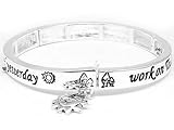 Let Go of Yesterday, Dream of Tomorrow, Work on Today Sun Charm Silver Tone Stretch Bangle Bracelet