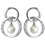 14kt White Gold Double Loop Diamond and Pearl Earrings