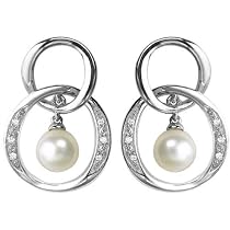 14kt White Gold Double Loop Diamond and Pearl Earrings