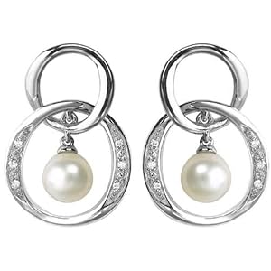 14K White Gold Double Loop Diamond and Pearl Earrings