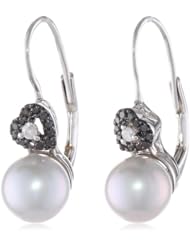 Black Rhodium Plated Sterling Silver 8-8.5mm Freshwater Cultured Pearl and Black and Diamond Drop Earrings, (0.14 cttw, G-H Color, I2-I3 Clarity)