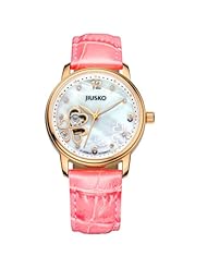 JIUSKO Womens Luxury Automatic Mechanical Heart Skeleton Display 21 Jewels Pink Leather Wrist Watch 119MRG0102
