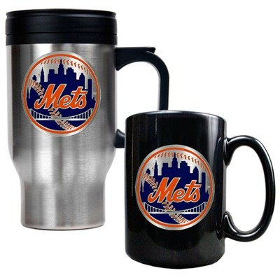 New York Mets Primary Logo Stainless Steel Travel Mug and Black Ceramic Mug Set
