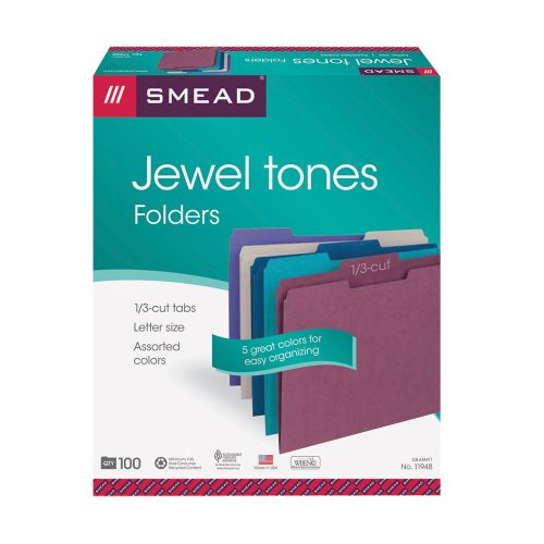 Smead Folder, Letter, 11 Point, 1/3 Cut Tab, Assorted Colors, 100 Per Box (11948)
