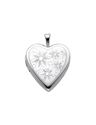 Sterling Silver Flower Engraved Heart Locket Pendant (0.8" or 20mm Height)