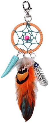 Dream Catcher Keychain Woven Design with Feathers Beads Turquoise Orange