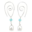 Spiral Hoop Dangle Earrings with Bird on a Swing in Sterling Silver with Turquoise Gemstone Bead, #7571