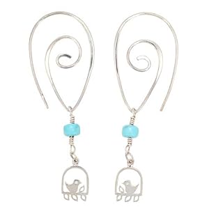 Spiral Hoop Dangle Earrings with Bird on a Swing in Sterling Silver with Turquoise Gemstone Bead, #7571