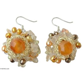 Pearl and carnelian earrings, 'Golden World' 1.6" W 1" L by 