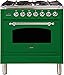 Ilve UPN76DMPVSXLP Nostalgie Series 30 Inch Dual Fuel Convection Freestanding Range, 5 Sealed Brass Burners, 3 cu.ft. Total Oven Capacity in Emerald Green, Chrome Trim (Liquid Propane)