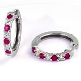 1 Carat Prong Set Diamond & Ruby Hoop Earrings in 14k White Gold (with Safety Lock)