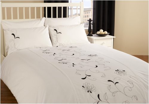 Honeysuckle White and Black Double Embroidered Duvet Cover Set