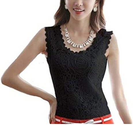 Shusheng Women Fashion Sleeveless Floral Crochet Top Shirt Knit Vest Lace Blouse(L, Black)