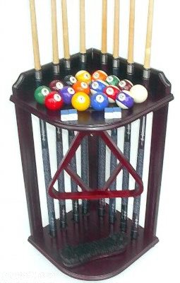 8 Pool Cue Stick & Pool Table Ball Set - Floor Rack Stand Mahogany Finish