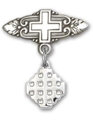 Sterling Silver Baby Badge with Jerusalem Cross Charm and Badge Pin with Cross