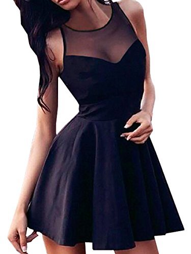 Genluna Women Round Neck Sleeveless A-Line Black Lace Dress