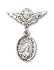 Sterling Silver Baby Badge with St. Louis Marie de Montfort Charm and Angel with Wings Badge Pin