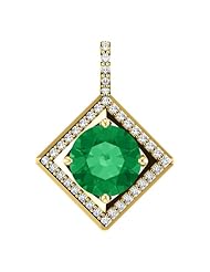 18K Yellow Gold 8.00mm Round Cut Chatham Created Emerald and Diamond Pendant