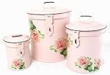 Retro Vintage Canister Set ~ Kitchen Storage Canisters ~ Decorative Containers ~ Shabby Chic Pink Enamel with Shabby Antique Rose