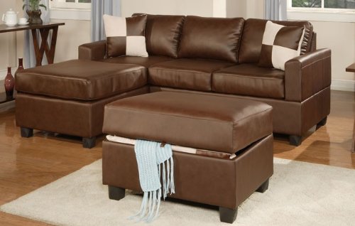 Bobkona Jr. Soft-Touch Reversible Bonded Leather Match 3-Piece Sectional Sofa Set, Walnut