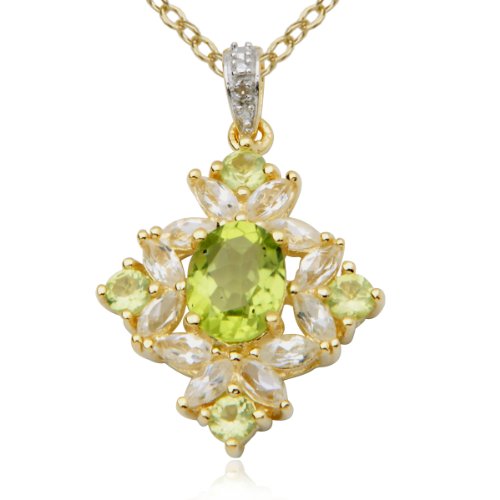 18k Yellow Gold Plated Sterling Silver Genuine Peridot, White Topaz and Diamond Accent Diamond Shape Pendant, 18