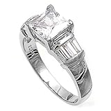 .925 Sterling Silver Engagement Ring, 3.00 Carat Total Weight, Designed with Top Quality Diamond Colored Cubic Zirconia, Featuring Elegant Princess and Baguette Shaped Dazzlers, Free Shipping, Sale Price Offer, Comes with Free Special Gift Pouch and Box
