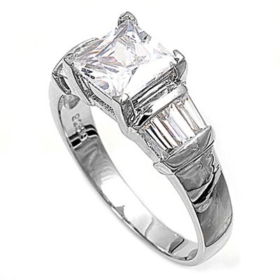.925 Sterling Silver Engagement Ring, 3.00 Carat Total Weight, Designed with Top Quality Diamond Colored Cubic Zirconia, Featuring Elegant Princess and Baguette Shaped Dazzlers, Free Shipping, Sale Price Offer, Comes with Free Special Gift Pouch and Box