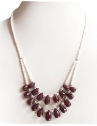 Exclusive 2 Strands Natural Beautiful Fresh Water Pearl & Ruby Drops Beaded Necklace