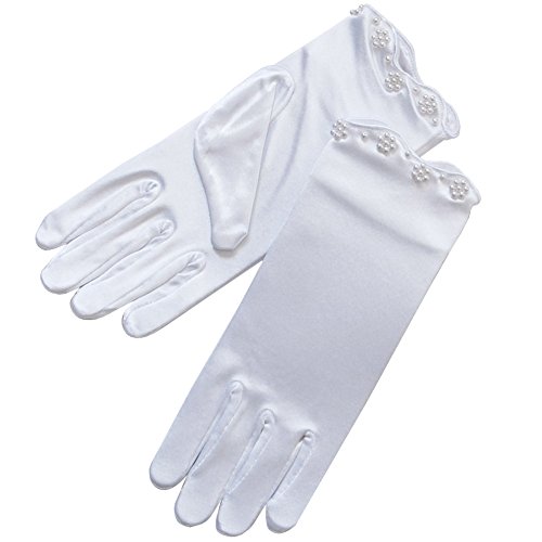 ZaZa Bridal White Satin Gloves For Girl w/ Scalloped trim & Pearl Accents