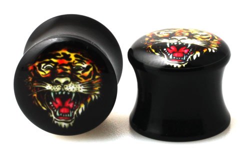 Pair of Licensed Ed Hardy Acrylic Signature Logo Design Fake Plugs TIGER Logo - 0g