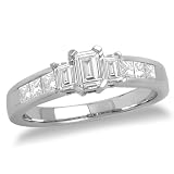 14k White Gold Emerald-Cut Diamond 3-Stone Ring w/ Channel-Set Princess-Cut Diamonds (1/3 ct, 1 cttw, G-H Color, SI2-I1 Clarity)