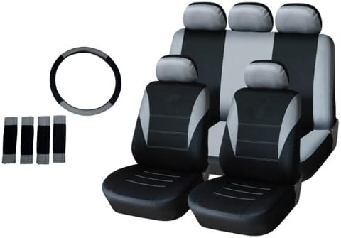 CAR SEAT COVERS NEW STYLE 14PCS SET FOR LOWBACK BUCKETS WITH FRONT AIR BAG COMPATIBLE SPLIT REAR BENCH BLACK-GRAY IN 2-TONE FOR 2-ROWS