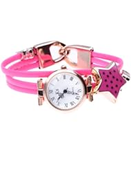 Women Quartz Wristwatch Bracelet Fuchsia PU Band Roman Numerals Acrylic Star