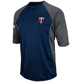 MLB Men's Minnesota Twins 3/4 Sleeve Crew Neck Featherweight Tech Fleece Pullover by Majestic (Pro Navy/Pro Carbon Heather, Large)