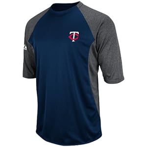 MLB Minnesota Twins 3/4 Sleeve Crew Neck Featherweight Tech Fleece Pullover, Navy/Grey, X-Large